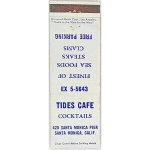 Front Strike Matchbook Cover Tides Cafe Santa Monica CA California Light Blue